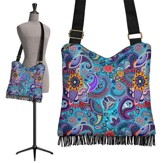 Blue Wild Flower Paisley Crossbody Handbag