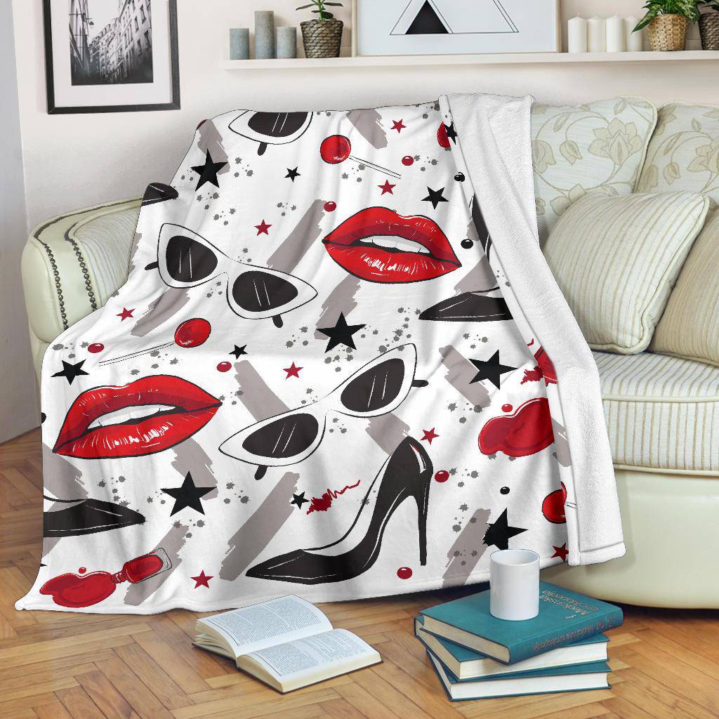 Red Lips Black Heels Lollipop Makeup Stars Premium Blanket - Top Content | POD Collection | Free Shipping