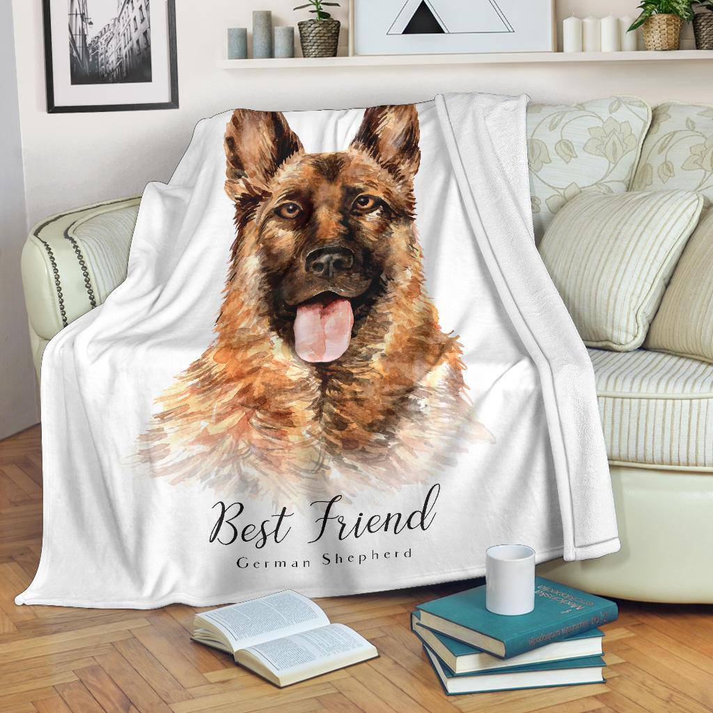 Best Friend German Shepherd Premium Blanket, Watercolor Dog Portrait Drawing - Top Content | POD Collection | Free Shipping