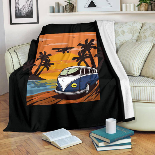 Blue Van Island Sunset Cartoon Premium Blanket - Top Content | POD Collection | Free Shipping