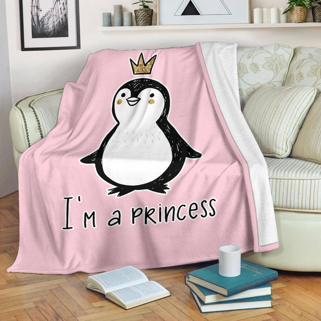 I' A Princess, Golden Glitter Penguin Premium With Crown Cartoon Premium Blanket - Top Content | POD Collection | Free Shipping