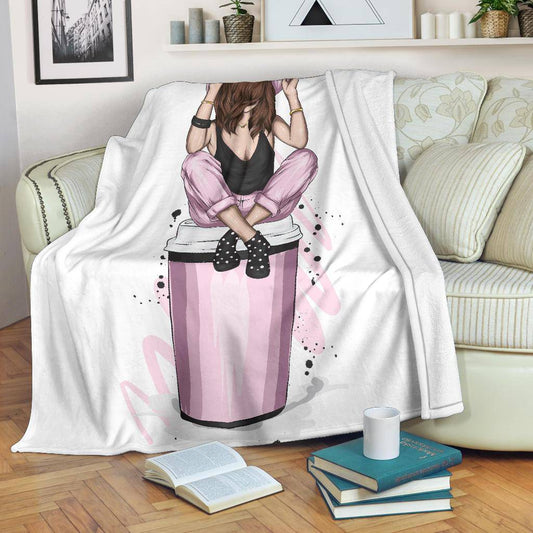 Girl with Stylish Pink Clothes and a Cup of Coffee Premium Blanket - Top Content | POD Collection | Free Shipping