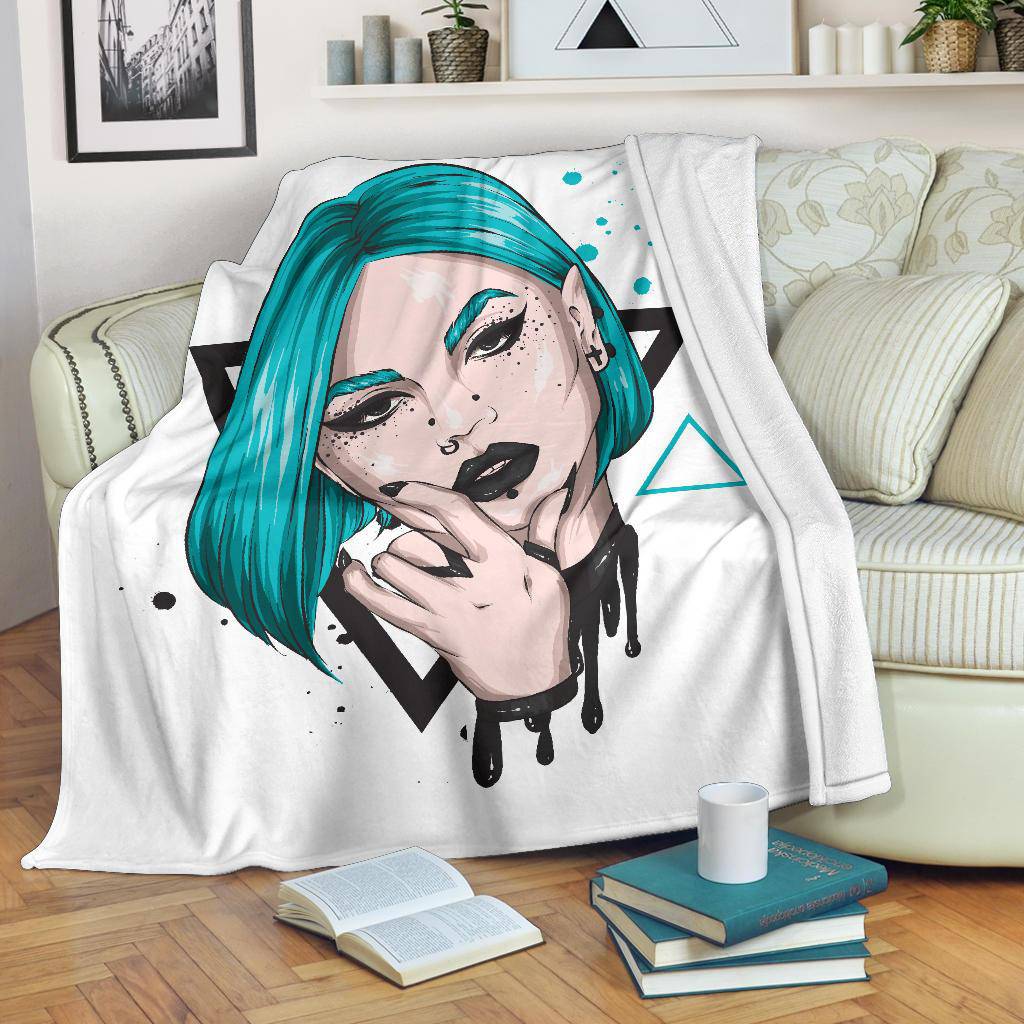 Blue Girl Portrait Premium Blanket, Cool Punk Cartoon Drawing - Top Content | POD Collection | Free Shipping