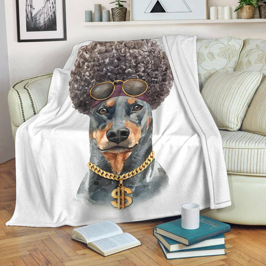 Funny Afro Doberman Premium Blanket, Watercolour Dog Portrait Drawing - Top Content | POD Collection | Free Shipping