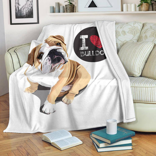 I Love Bulldog, Cute Dog Cartoon Illustration Premium Blanket - Top Content | POD Collection | Free Shipping