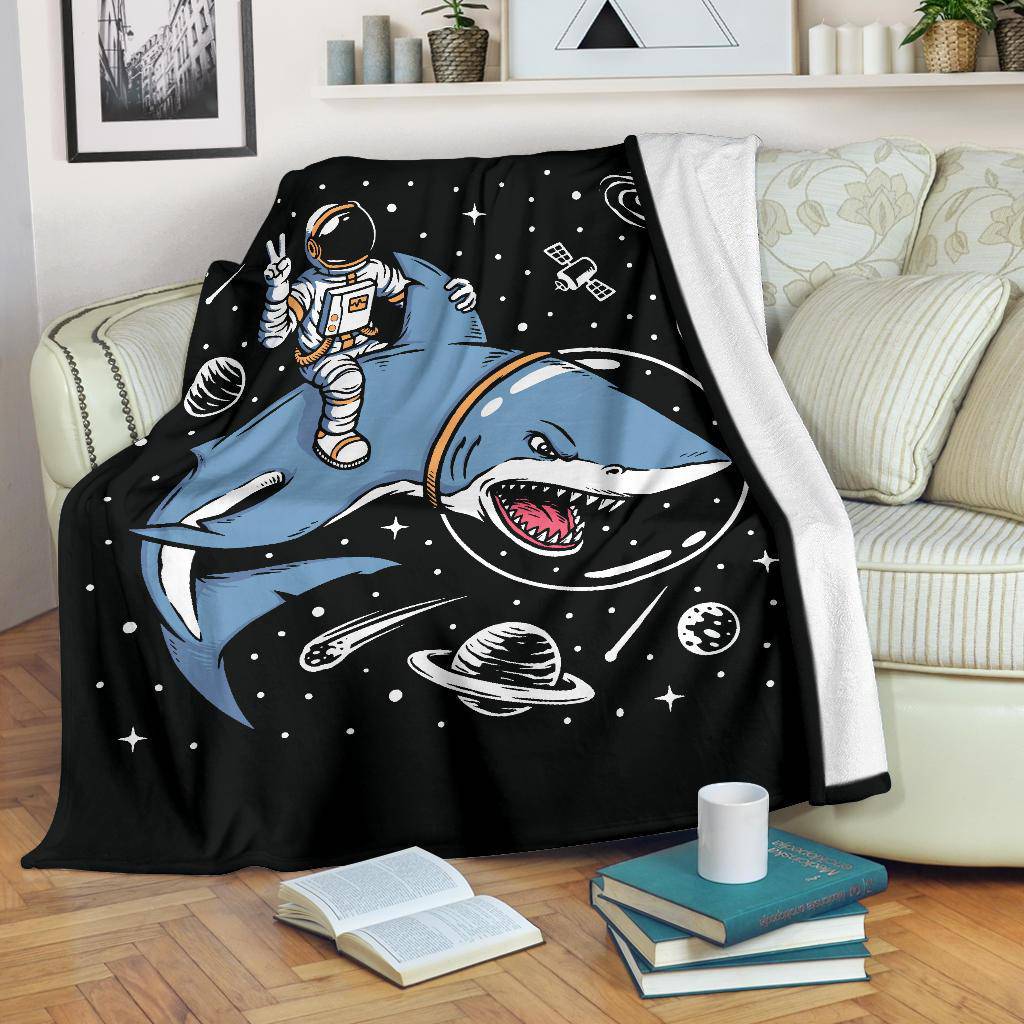 Astronaut Riding A Shark Premium Blanket, Cool Space Cartoon Drawing - Top Content | POD Collection | Free Shipping