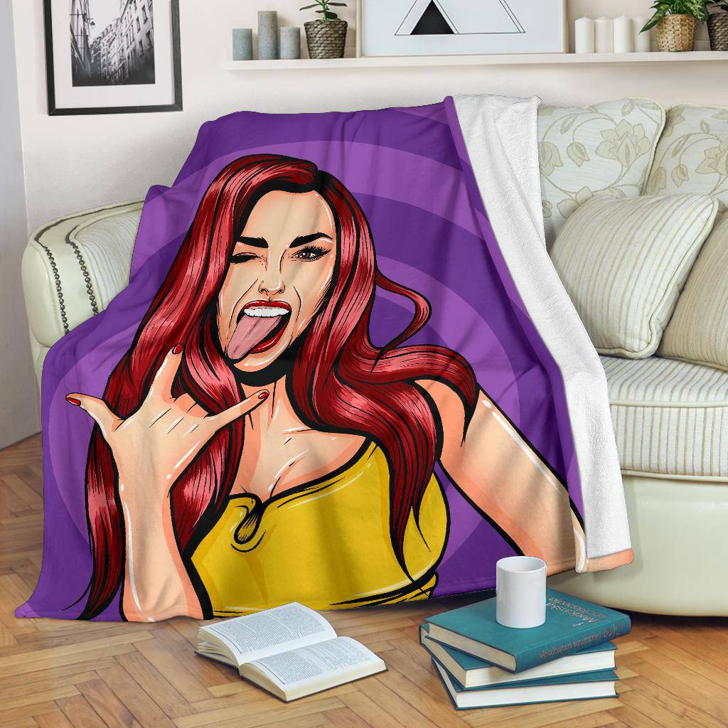 Crazy Girl Pop Art Rock Showing Tongue Premium Blanket - Top Content | POD Collection | Free Shipping