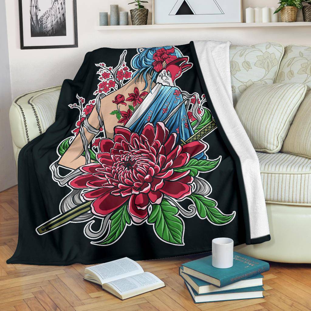 Japanese Samurai Girl With Flower Ornament Drawing Premium Blanket - Top Content | POD Collection | Free Shipping