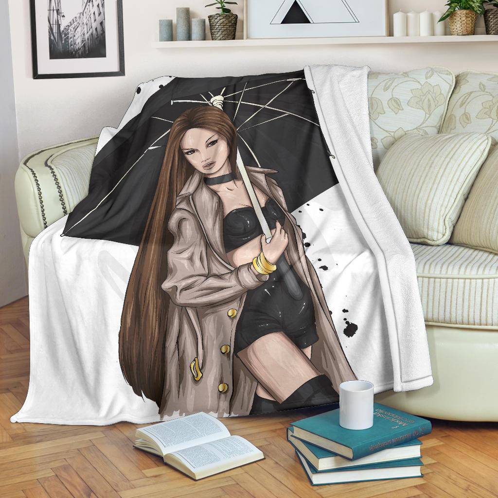 Premium Blanket Stylish Brunette Girl With Umbrella Cartoon - Top Content | POD Collection | Free Shipping