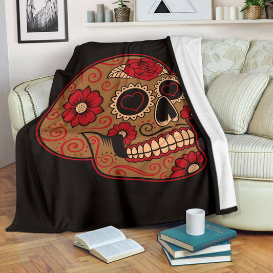 Colourful Mexican Sugar Skull, Hears Flowers Illustration Premium Blanket - Top Content | POD Collection | Free Shipping