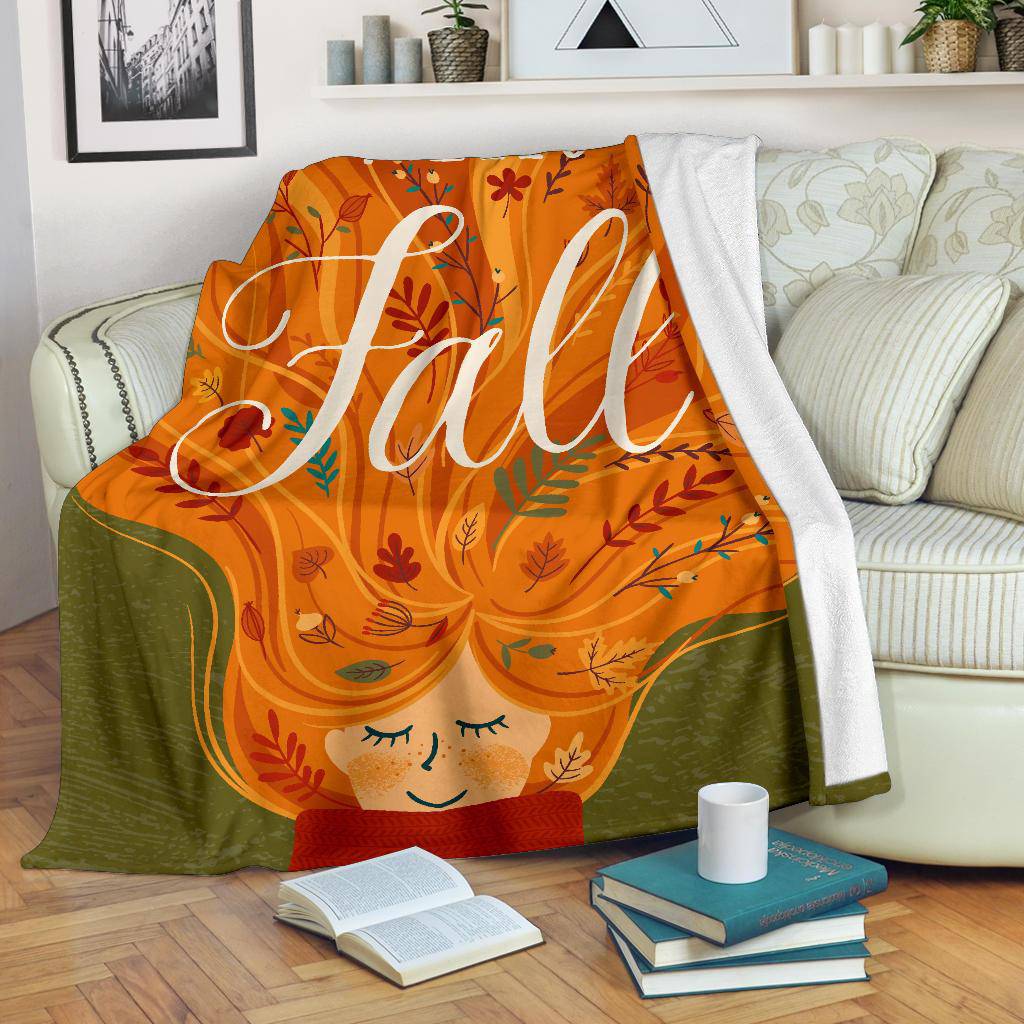 Hello Autumn Fall Leaves Red Hair Girl Premium Blanket - Top Content | POD Collection | Free Shipping