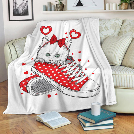 Cute Valentine Kitten In A Sneaker, Cartoon Drawing Premium Blanket - Top Content | POD Collection | Free Shipping