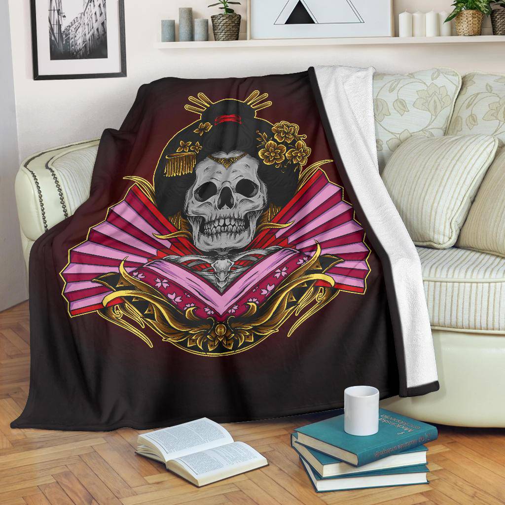 Skeleton Geisha Skull Premium Blanket, Cool Japanese Art Illustration - Top Content | POD Collection | Free Shipping