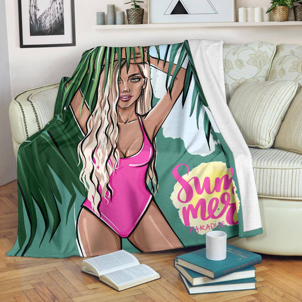 Summer Blonde Girl Premium Blanket, Beach Vibes, Palm Leaves Cartoon - Top Content | POD Collection | Free Shipping