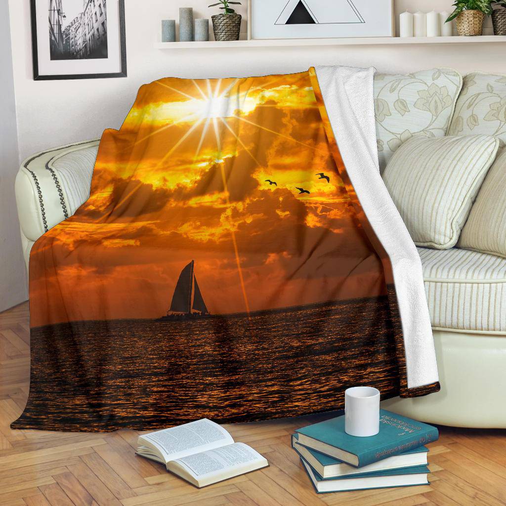 Silhouette Boat Sea Sun Birds Premium Blanket - Top Content | POD Collection | Free Shipping