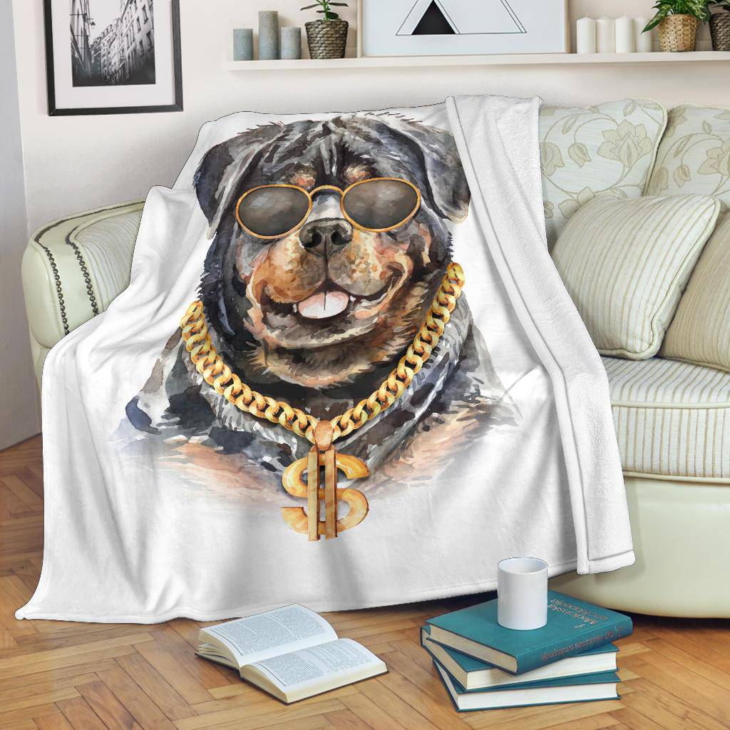 Rottweiler Watercolour Portrait Drawing Premium Blanket, Cool Rich Dog Cartoon - Top Content | POD Collection | Free Shipping