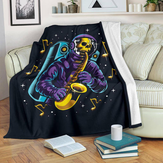 Premium Blanket Skull Astronaut Playing Saxophone Space Music Illustration - Top Content | POD Collection | Free Shipping