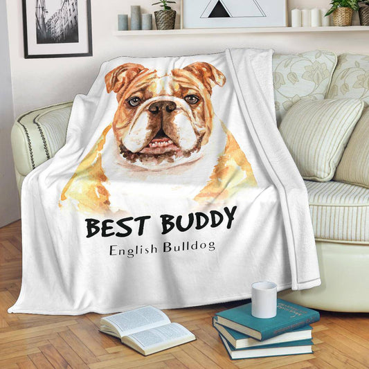 Watercolour English Bulldog Portrait Premium Blanket, Best Buddy Cartoon - Top Content | POD Collection | Free Shipping