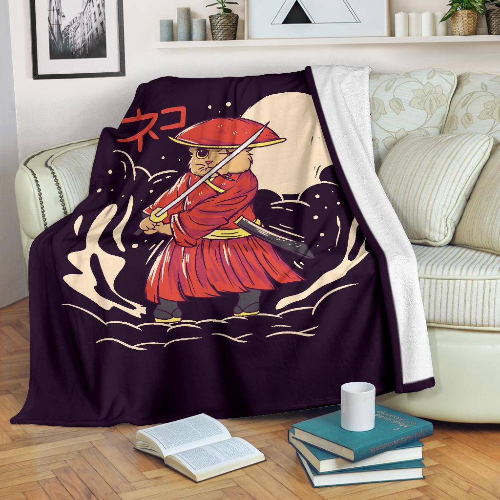 Samurai Japanese Cat Premium Blanket, Cool Cartoon Drawing - Top Content | POD Collection | Free Shipping