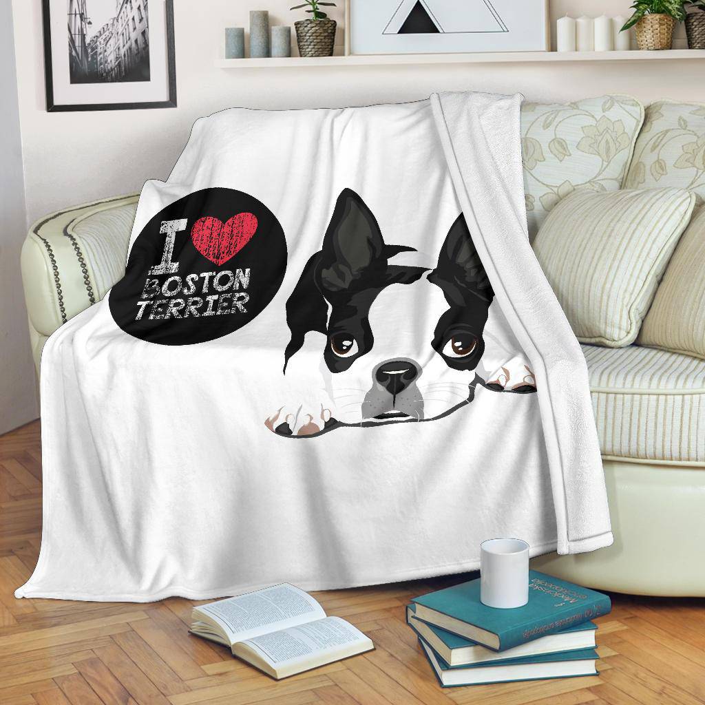 Cute Dog Cartoon Illustration, I Love Boston Terrier Premium Blanket - Top Content | POD Collection | Free Shipping