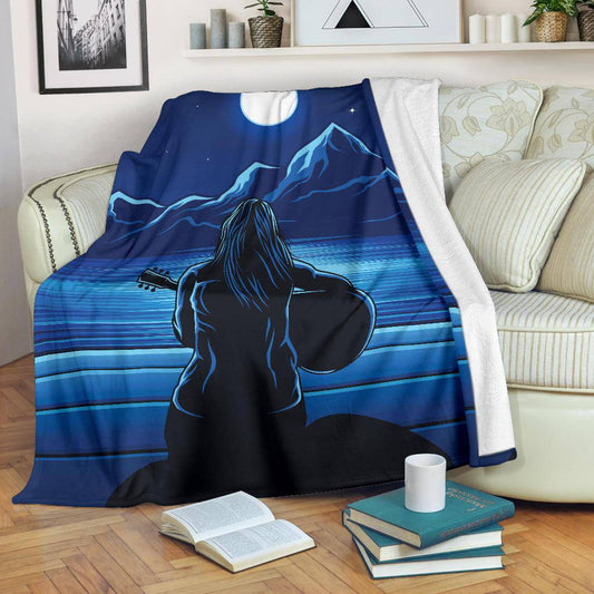 Guitarist Woman in the Moonlight, Mountain view, Sea Premium Blanket - Top Content | POD Collection | Free Shipping