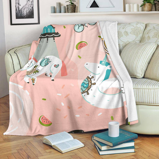 Hand Drawn Unicorn Cosmonaut Spaceship, Pink Space Premium Blanket - Top Content | POD Collection | Free Shipping