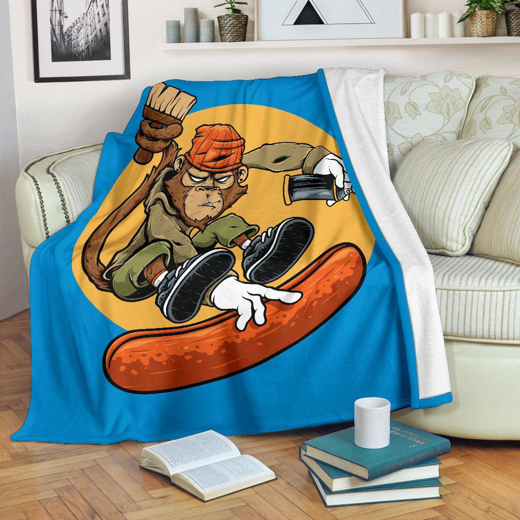 Monkey Graffiti Riding a Skateboard Cartoon Premium Blanket - Top Content | POD Collection | Free Shipping