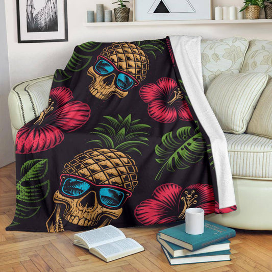 Tropical Flowers, Skull Pineapple Head Premium Blanket - Top Content | POD Collection | Free Shipping