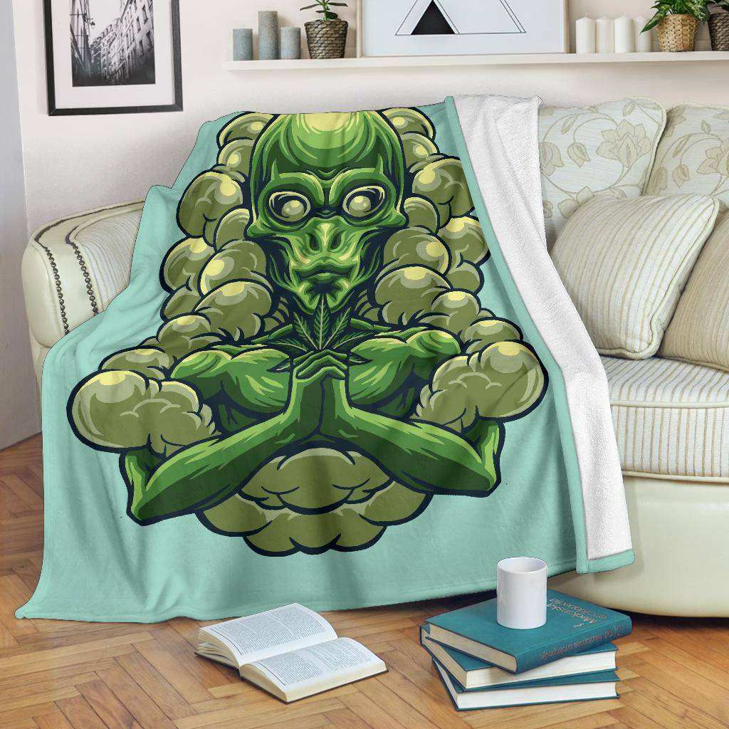 Alien Holding Marijuana, Cool Weed Cartoon Premium Blanket - Top Content | POD Collection | Free Shipping