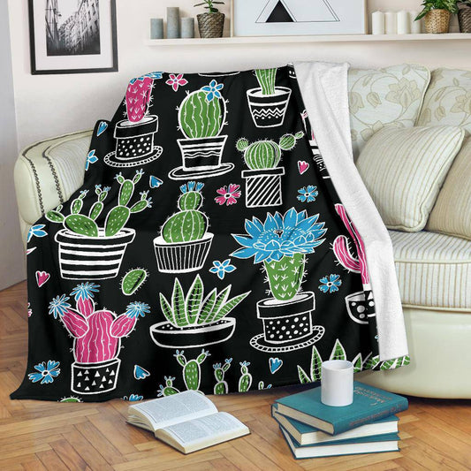 Colorful Plant Cactus and Cucculent Hand Drawn Pattern Premium Blanket - Top Content | POD Collection | Free Shipping