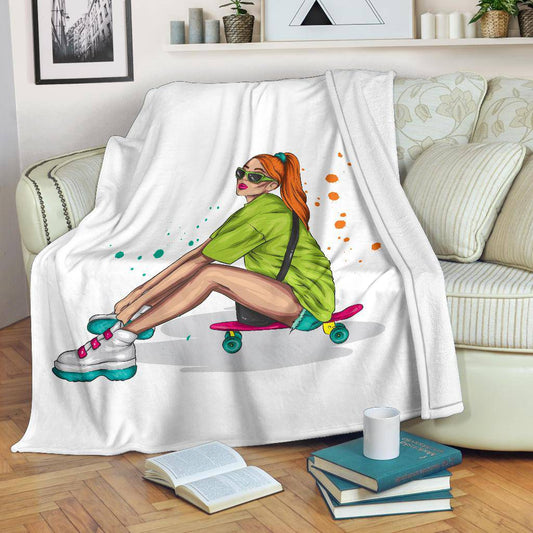 Premium Blanket Stylish Beautiful Girl With Skateboard Illustration - Top Content | POD Collection | Free Shipping