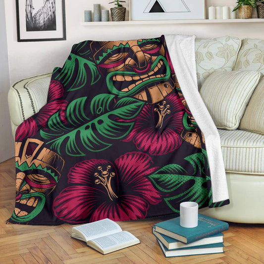 Tiki Mask Polynesia Style Tropical Flowers Premium Blanket - Top Content | POD Collection | Free Shipping