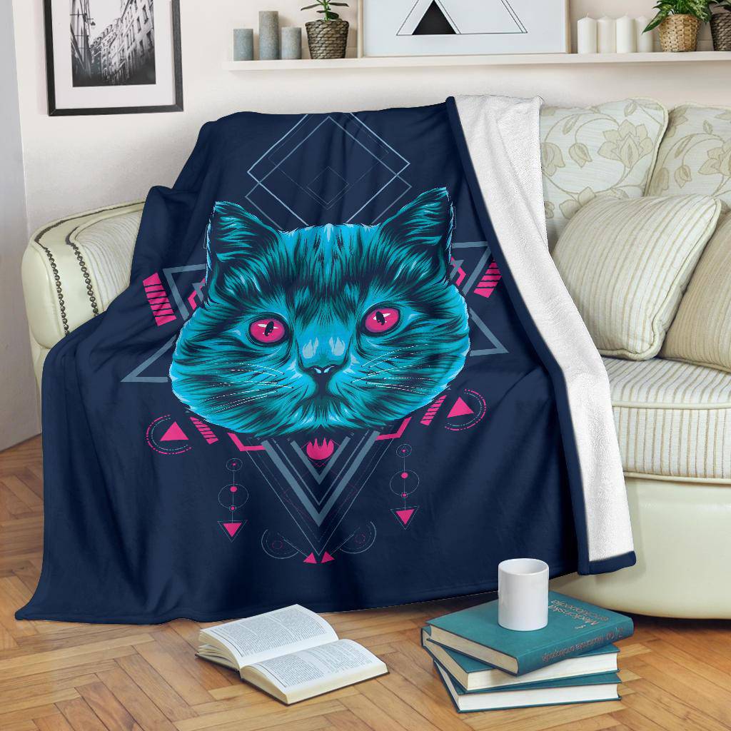 Cat Sacred Geometry Premium Blanket, Cool Cartoon Illustration - Top Content | POD Collection | Free Shipping