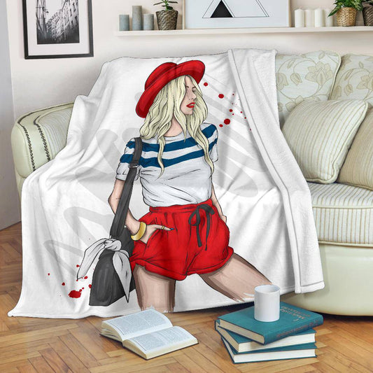 Stylish Red Summer Girl In Shorts Cartoon Premium Blanket - Top Content | POD Collection | Free Shipping