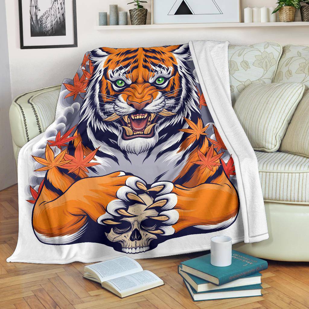 Tiger Skull Illustration Premium Blanket, Japanese Style Art - Top Content | POD Collection | Free Shipping