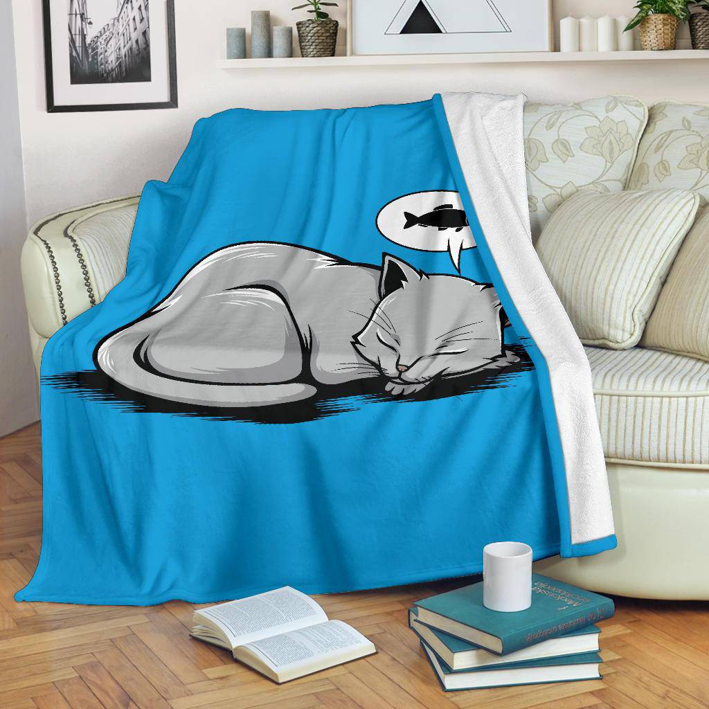 Sleeping Cat Dreaming About Fish Premium Blanket - Top Content | POD Collection | Free Shipping