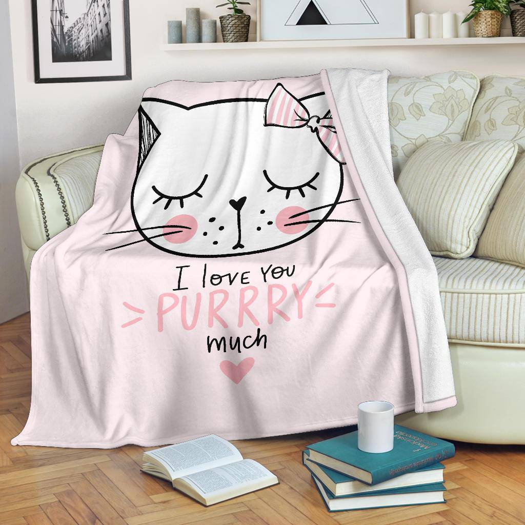 Cute Pink Cat Cartoon Drawing Premium Blanket, I Love You Purrry Much - Top Content | POD Collection | Free Shipping