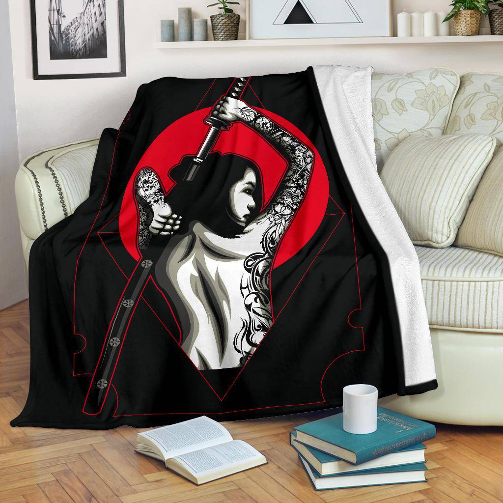 Samurai Woman Tattoo Japan Sword Red Sun Premium Blanket - Top Content | POD Collection | Free Shipping