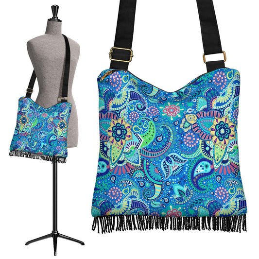 Light Blue Wild Flower Paisley Crossbody Handbag