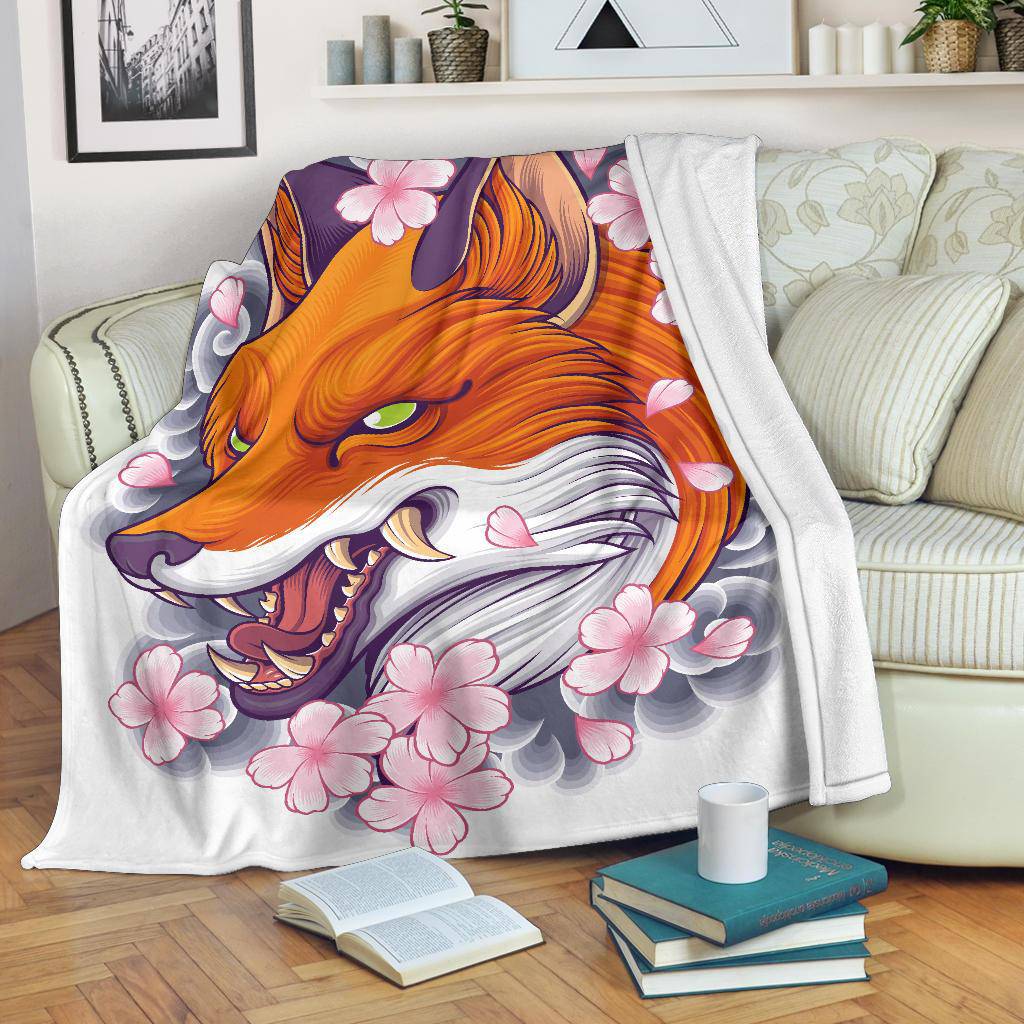 Angry Fox Head with Japanese Flowers Premium Blanket - Top Content | POD Collection | Free Shipping