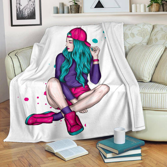 Premium Blanket Cool Colorful Girl Cap and Shorts Illustration - Top Content | POD Collection | Free Shipping