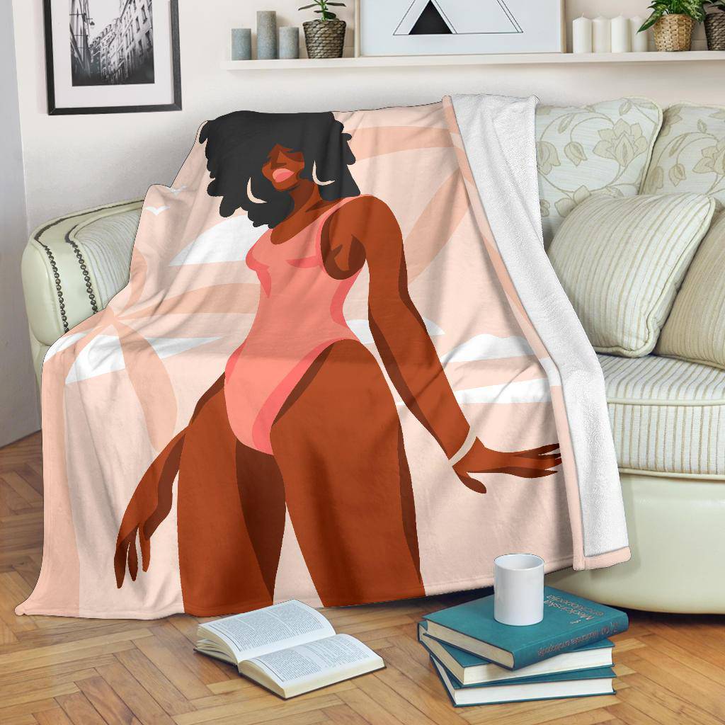 Hand Drawn Afro American Woman Bikini Beach Palms Premium Blanket - Top Content | POD Collection | Free Shipping