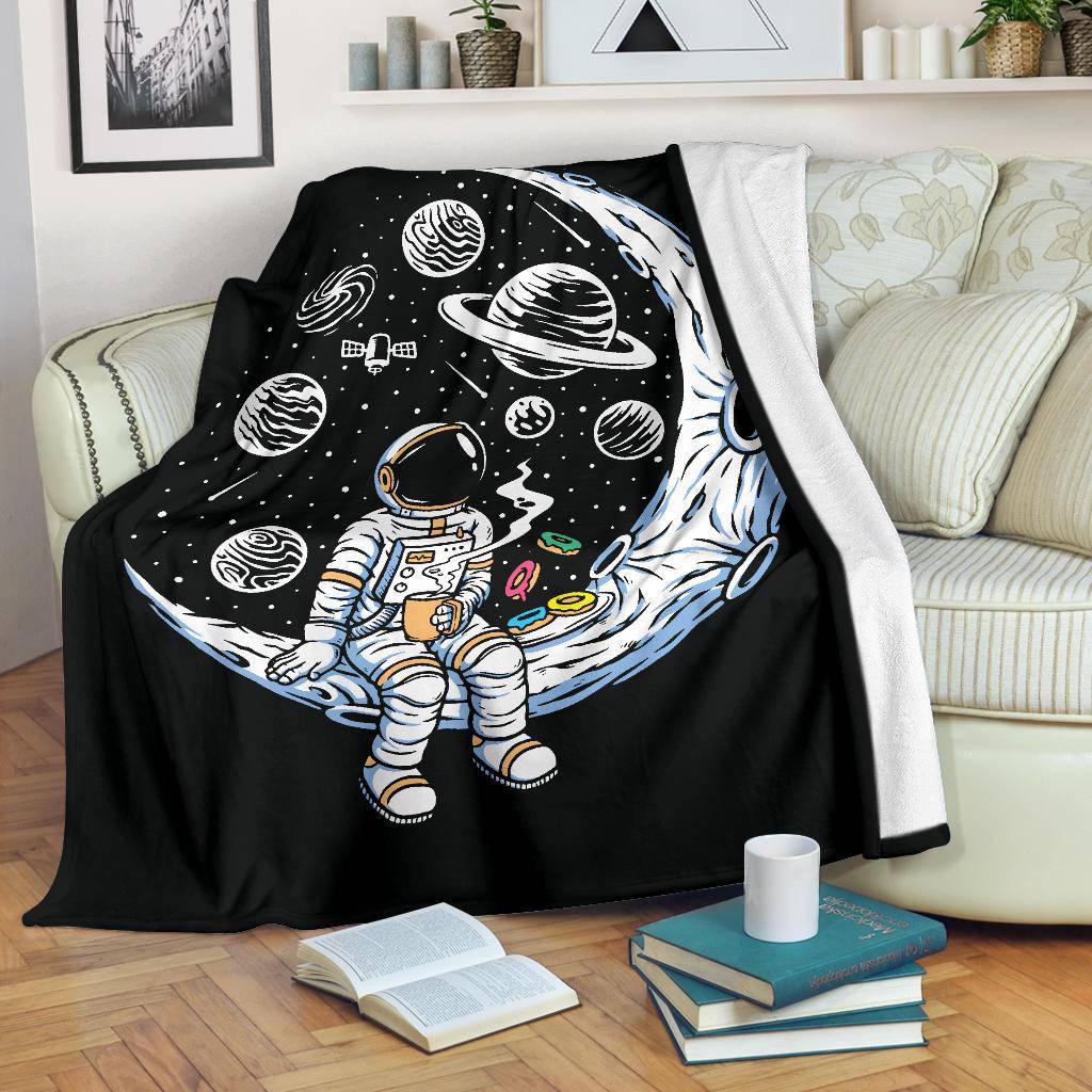 Premium Blanket Moon Astronaut Drinking Coffee And Eating Doughnuts - Top Content | POD Collection | Free Shipping