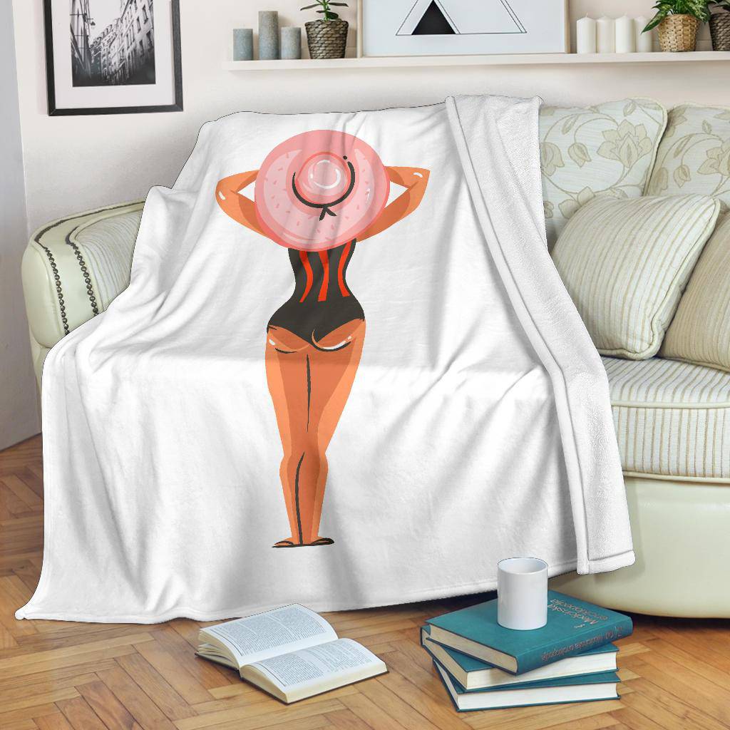 Hand Drawn Cartoon Summer Beach Girl with Hat Premium Blanket - Top Content | POD Collection | Free Shipping