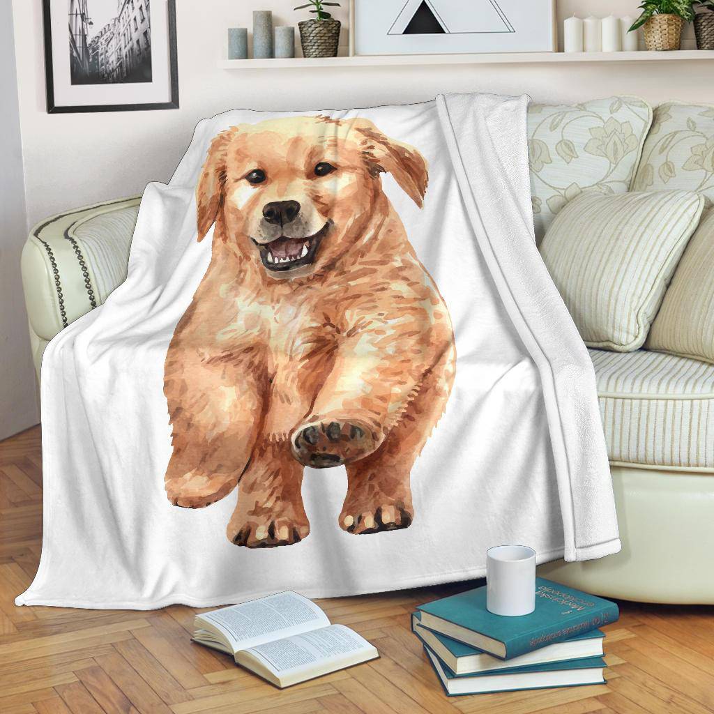 Watercolour Golden Retriever Portrait Premium Blanket, Cute Cartoon Drawing - Top Content | POD Collection | Free Shipping