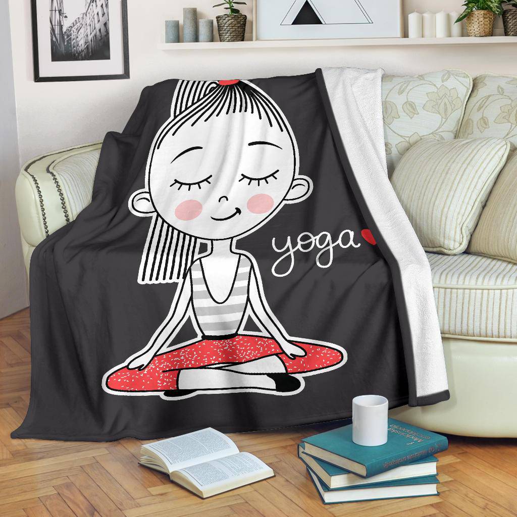 I Love Yoga, Cut Girl Doing Yoga, Lotus Position Cartoon Premium Blanket - Top Content | POD Collection | Free Shipping