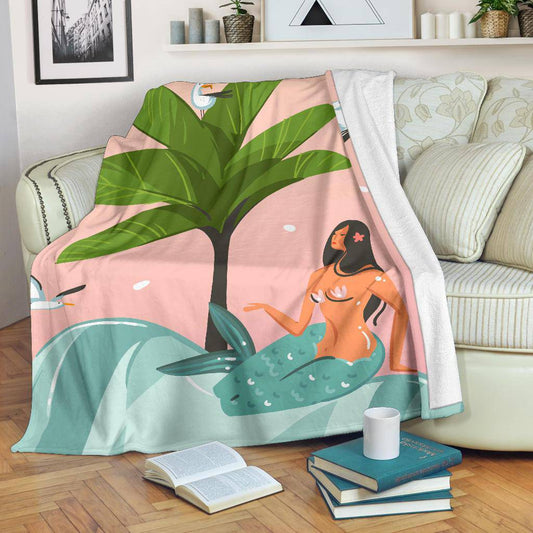 Summer Vibes Cartoon, Girl Mermaid on the Beach, Hand Drawn Premium Blanket - Top Content | POD Collection | Free Shipping