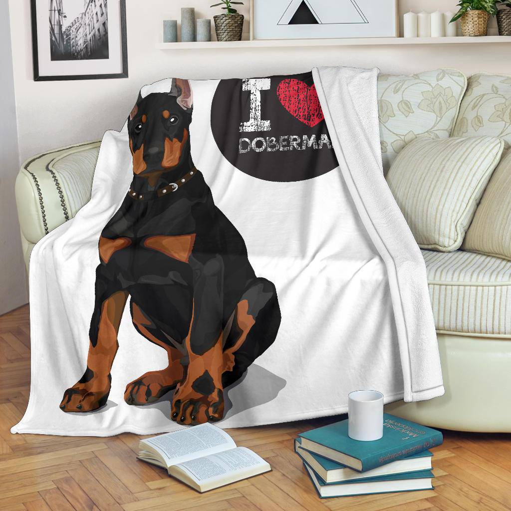 I Love Doberman, Cute Dog Cartoon Illustration Premium Blanket - Top Content | POD Collection | Free Shipping