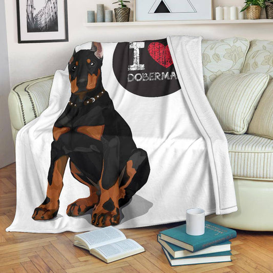 I Love Doberman, Cute Dog Cartoon Illustration Premium Blanket - Top Content | POD Collection | Free Shipping