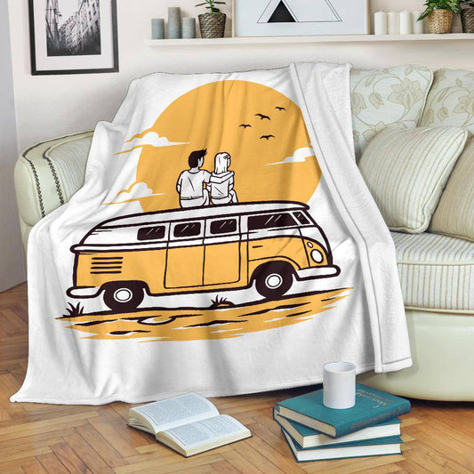 Romantic Sunrise Premium Blanket, Love Traveling Cartoon Style - Top Content | POD Collection | Free Shipping